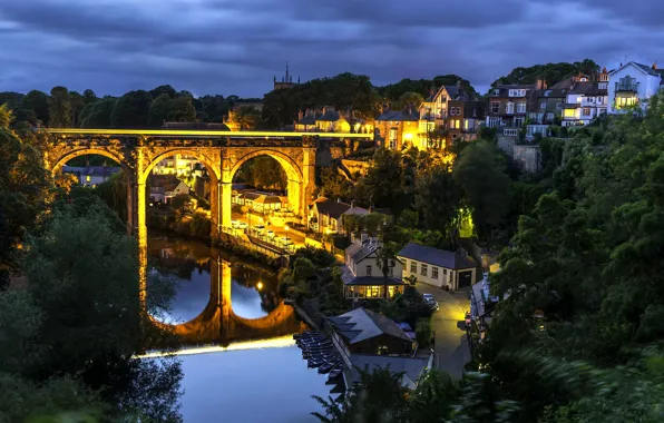 Картинка мост, отражение, река, Англия, здания, дома, ночной город, виадук