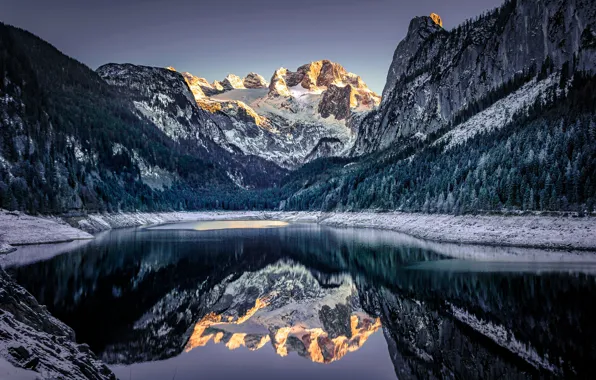 Горы, озеро, отражение, Австрия, Альпы, Austria, Alps, Lake Gosau