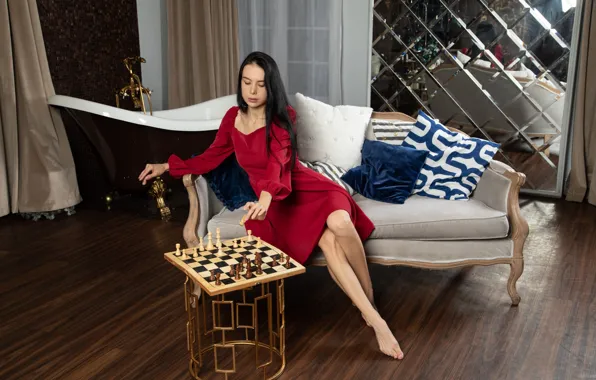 Hot girl, model, reflection, sofa, sexy woman, photoshoot, posing, mirror