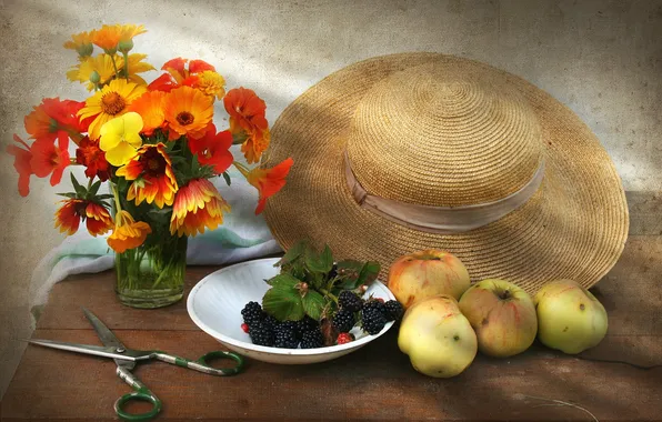 Цветы, яблоки, букет, шляпа, натюрморт, ежевика, ножницы
