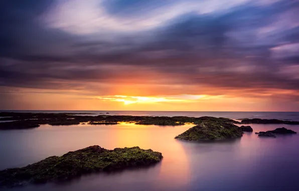 Море, небо, облака, закат, камни, скалы