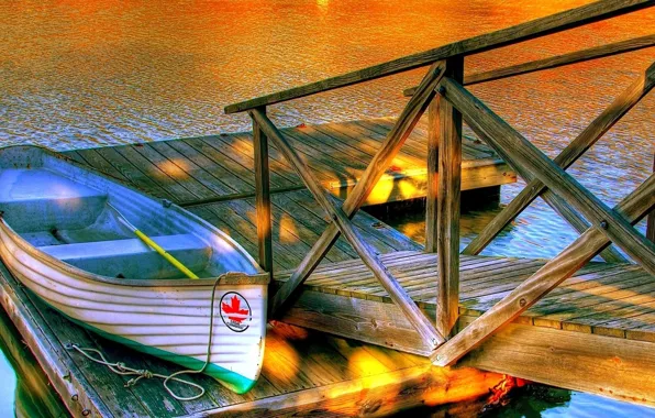 Озеро, лодка, причал, hdr, мостик