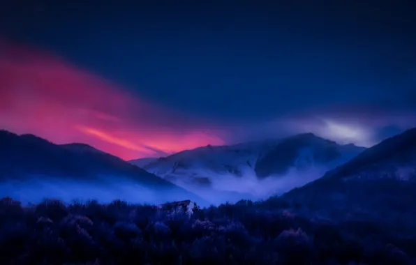 Pink, Sky, Mountain, At Night