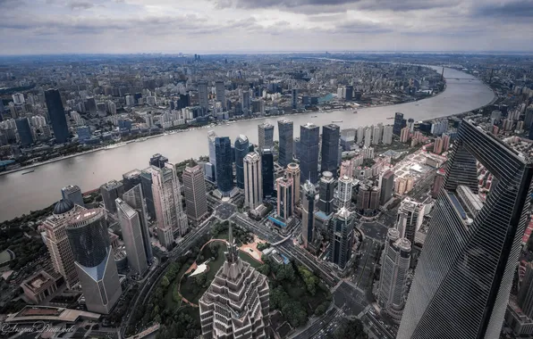 Облака, река, China, небоскребы, Китай, Shanghai, Шанхай, архитектура