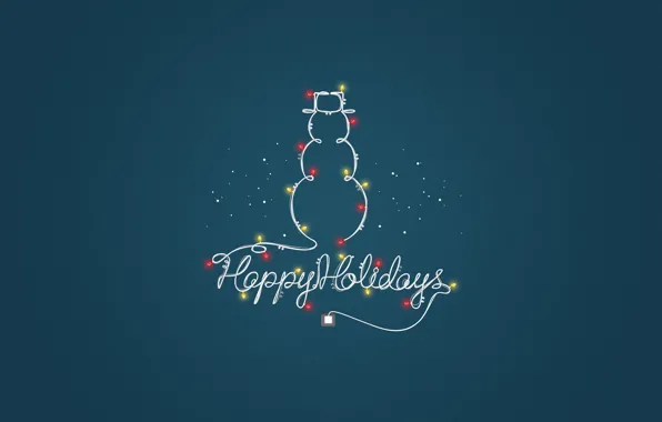 Картинка новый год, минимализм, снеговик, гирлянда, Happy Holiday