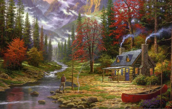 Картинка лес, горы, дом, река, лодка, рисунок, картина, рыбак