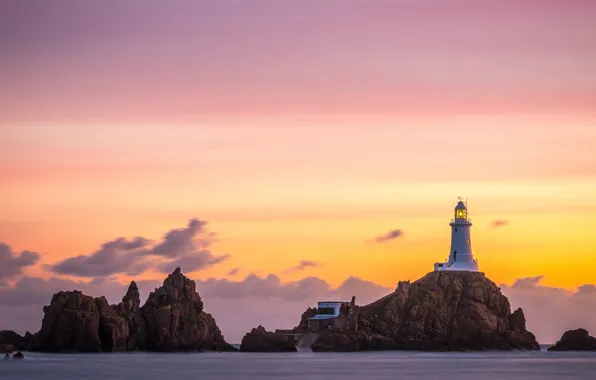 Море, облака, пейзаж, закат, природа, камни, скалы, маяк