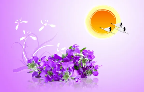 Картинка фиолетовый, солнце, птицы, рисунок, журавли