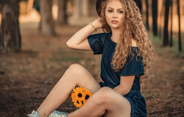 Картинка девушка, деревья, цветы, природа, поза, кеды, букет, шляпа