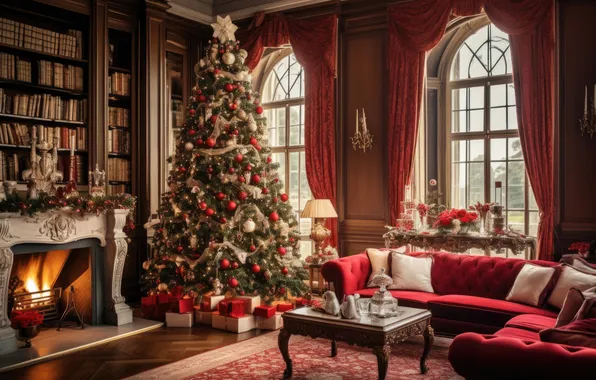 Комната, елка, интерьер, Рождество, Новый год, камин, Christmas, view