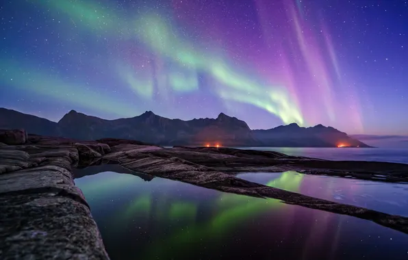 Картинка море, горы, побережье, северное сияние, Норвегия, Norway, звёздное небо, Senja Island