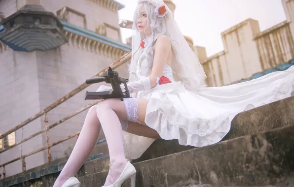 Gun, Asian, Model, pretty, Woman, Cosplay, Bride, Stairs
