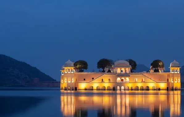 Картинка горы, огни, озеро, Индия, дворец, Джайпур, Man Sagar Lake, Jal Mahal Palace