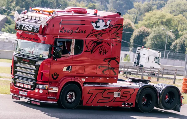 Red, Truck, Scania, Road, Longline