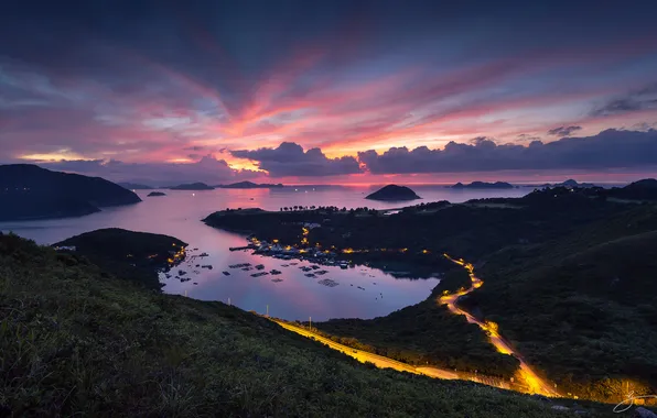 Свет, холмы, Гонконг, вечер, залив