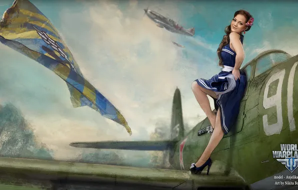 Картинка девушка, самолет, флаг, girl, aviation, авиа, MMO, Wargaming.net