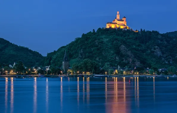 Река, замок, гора, Германия, ночной город, Germany, Rhine River, Рейнланд-Пфальц