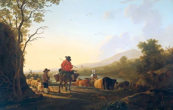 Картинка дерево, масло, картина, Якоб ван Стрий, Пейзаж с Пастухом и Погонщиком