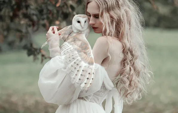 Девушка, поза, сова, птица, блондинка, Jovana Rikalo