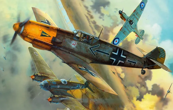 Картинка самолеты, Вторая мировая война, британские, немецкие, воздушные бои, Messerschmitt Bf-109E4