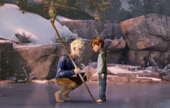 Картинка лед, песок, снег, мультфильм, мальчик, фэнтези, посох, DreamWorks