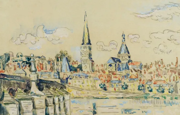 Город, рисунок, дома, акварель, Поль Синьяк, Больница Шарите на Реке Луара