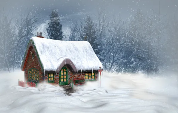 Картинка зима, снег, деревья, пейзаж, горы, природа, дом, Рождество