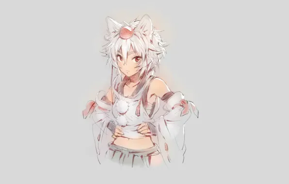 Лицо, шапка, помпоны, мех, серый фон, ушки, челка, Touhou