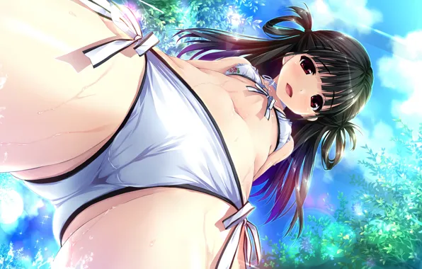 Girl, grass, sexy, wet, cleavage, sky, long hair, nature