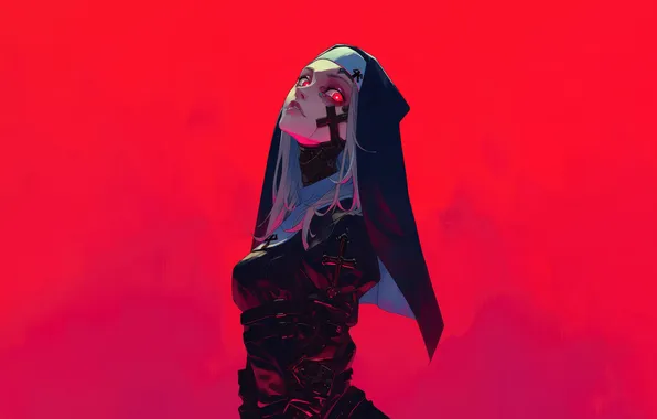 Girl, Anime, Red Eyes, Nun, Anime Girl, Ai Art