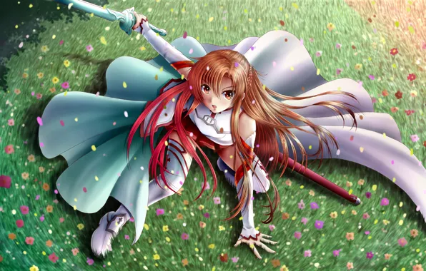 Трава, девушка, цветы, меч, арт, ilolamai, Sword Art Online, Asuna