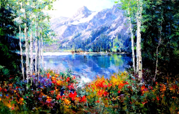Картинка деревья, пейзаж, цветы, горы, озеро, весна, катрина
