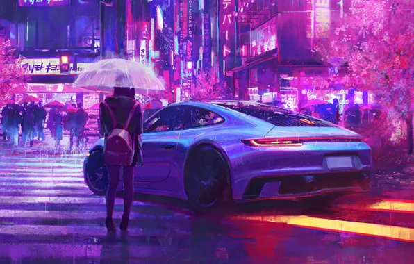 Дорога, девушка, ночь, город, зонтик, люди, дождь, неон