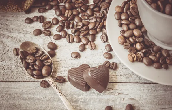 Кофе, зерна, heart, chocolate, coffee beans