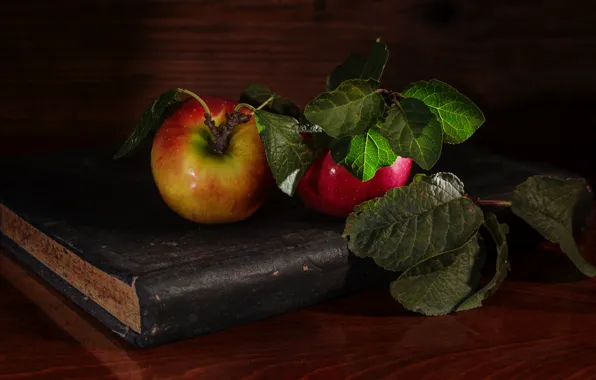 Листья, темный фон, стол, яблоки, еда, переплет, книга, фрукты