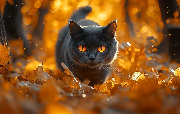 Осень, кошка, кот, взгляд, солнце, свет, деревья, природа