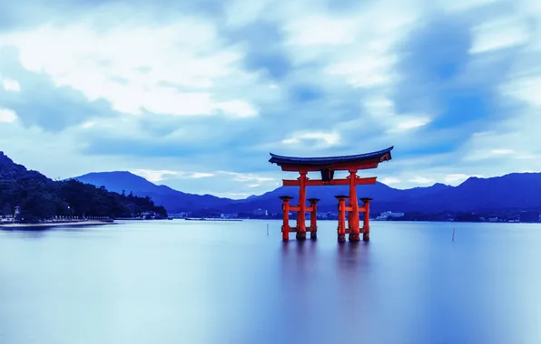 Landscape, japan, sunset, water, japanese, shrine, landmark, torii