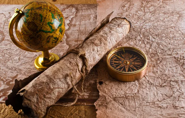 Карта, канат, компас, глобус, рукопись