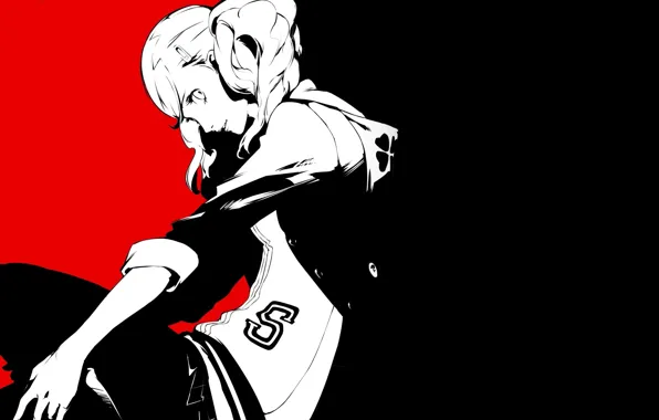 Девушка, красный, чёрный, игра, аниме, арт, персона, Persona 5