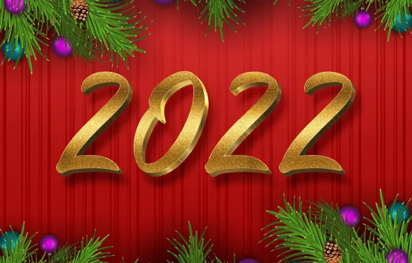 Красный, фон, шары, цифры, Новый год, украшение, new year, декор