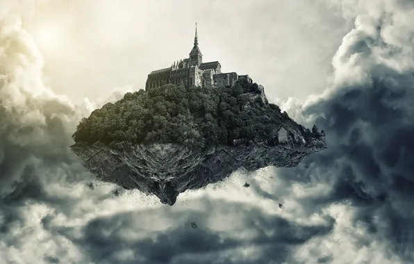 Картинка облака, замок, остров, высота, арт, в небе, летающий