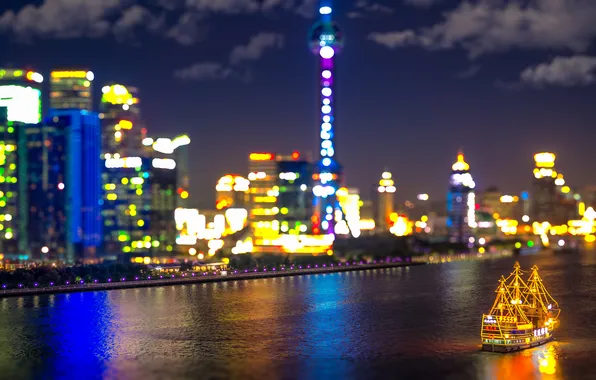 Картинка облака, ночь, отражение, лодка, фары, Китай, Шанхай, зеркала