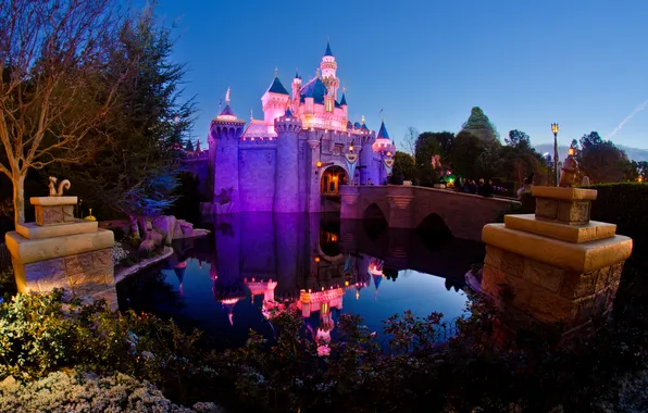 Вода, огни, отражение, сказка, подсветка, Замок Спящей Красавицы, Парк Диснейленд, Sleeping Beauty Castle