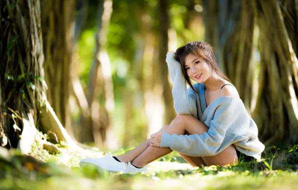 Девушка, улыбка, ножки, азиатка, милашка, боке