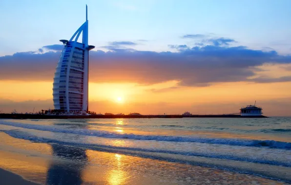 Картинка city, waves, Dubai, twilight, sky, sea, landscape, sunset