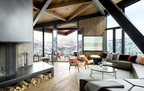Дизайн, стиль, интерьер, камин, гостиная, Colorado, штат Колорадо, Owl Creek Residence