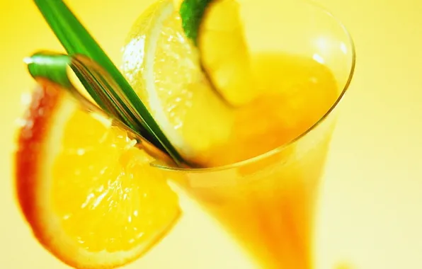 Макро, желтый, лимон, коктель, бокал, апельсин, лайм, напиток