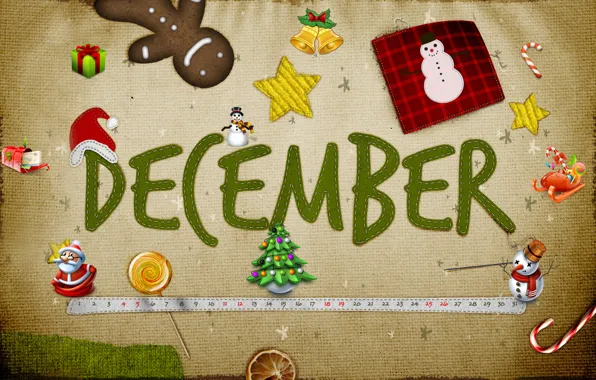 Картинка снег, подарок, звезда, елка, новый год, снеговик, дед мороз, колокольчик