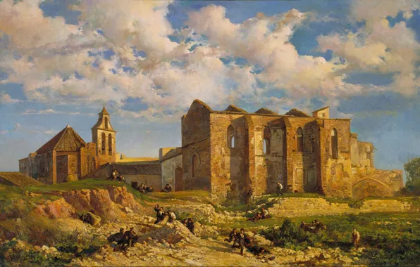 Картинка небо, облака, пейзаж, люди, картина, Рамон Марти-и-Альсина, Развалины церкви Сант-Сепулькр