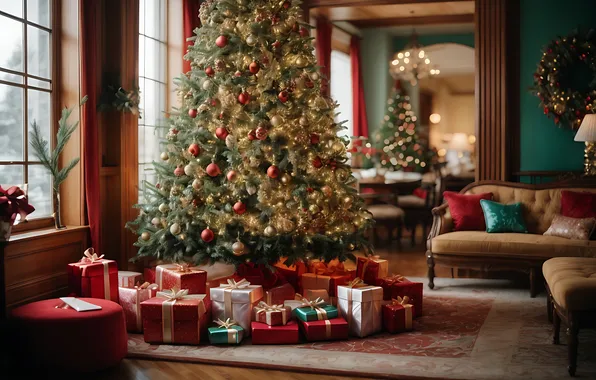 Картинка украшения, комната, елка, интерьер, Рождество, подарки, Новый год, Christmas